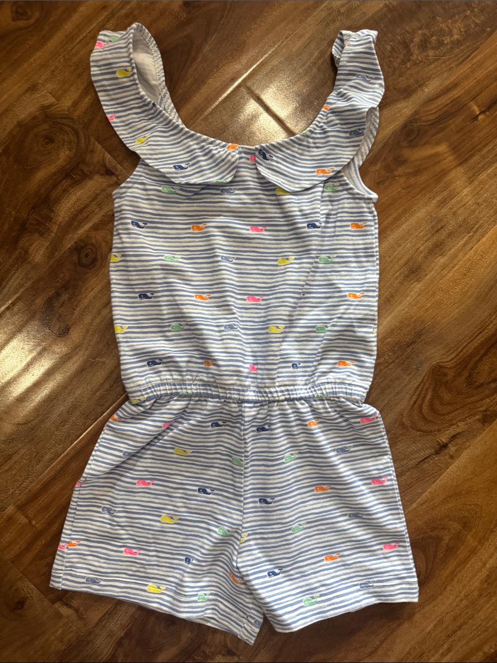 Vineyard Vines Blue & White Striped Whale Romper with Ruffle Collar NWOT’s